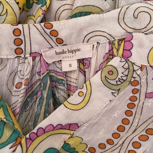 Haute Hippie Cropped Blouse Top Sz Small Paisley Tie Waist Boho Vibrant Tropical - Picture 5 of 7
